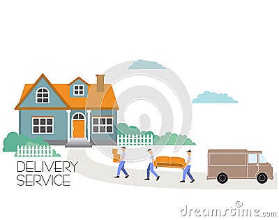 Vector cartoon style illustration porters carry sofa and boxes. Moving to a new house.Transport company. Goods delivery Stock Photo